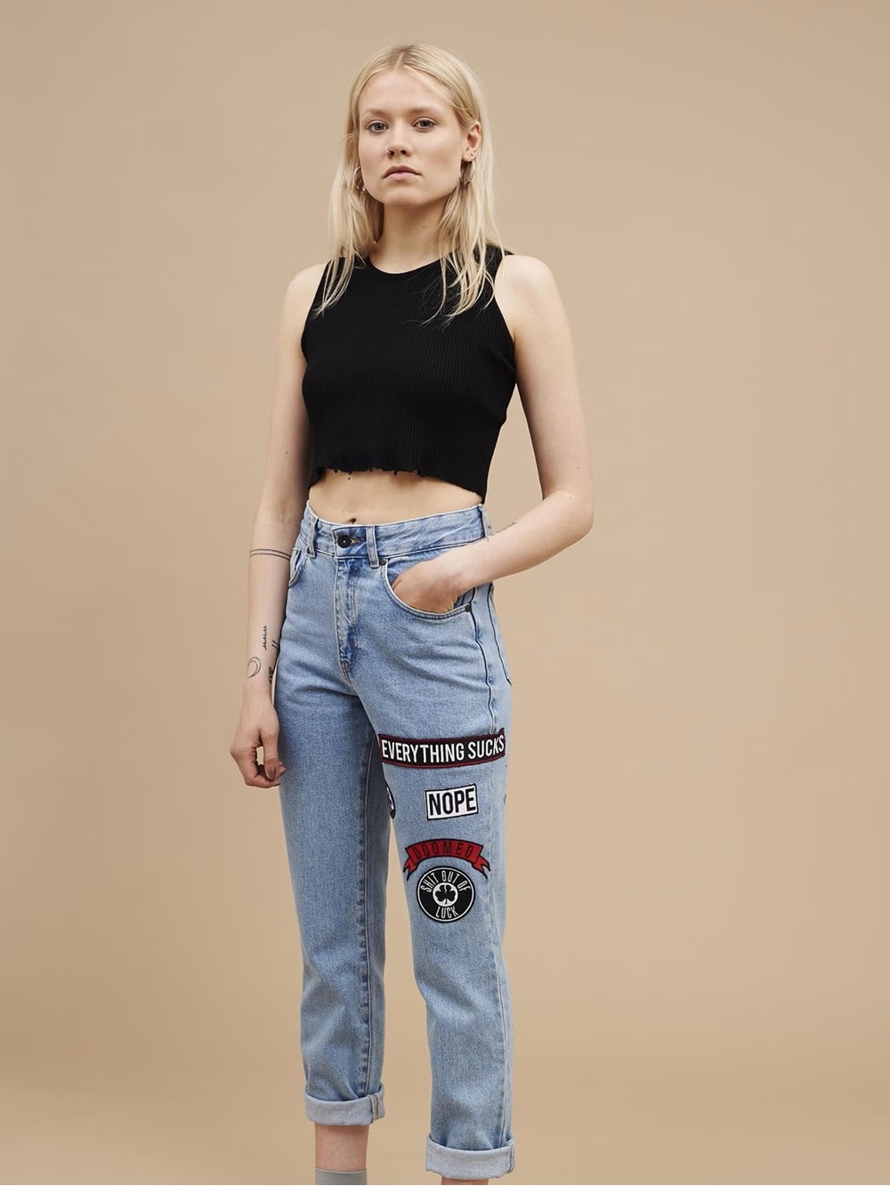 The Ragged Priest Light Blue Boyfriend Jeans with Bold Patch Graphics